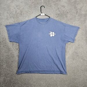 Trader Joes Mens Blue Graphic T-Shirt Short Sleeve Hibiscus Logo Size 2XL